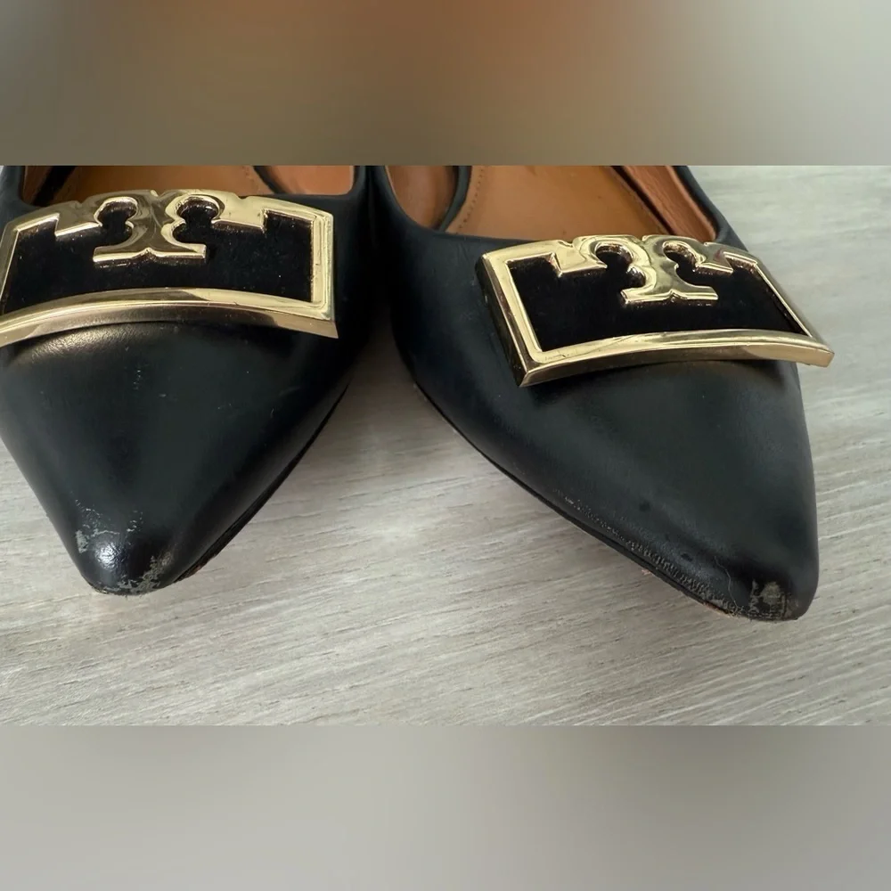 TORY BURCH Suede-trimmed Embellished Leather Point-toe Flats In Perfect Black 7